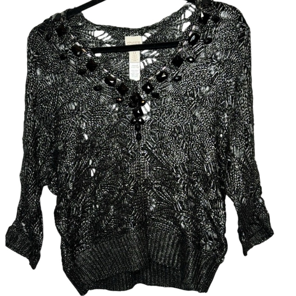 Chico’s Sweater Cropped Embellished Black Metallic in Size 0/Medium NWT‎